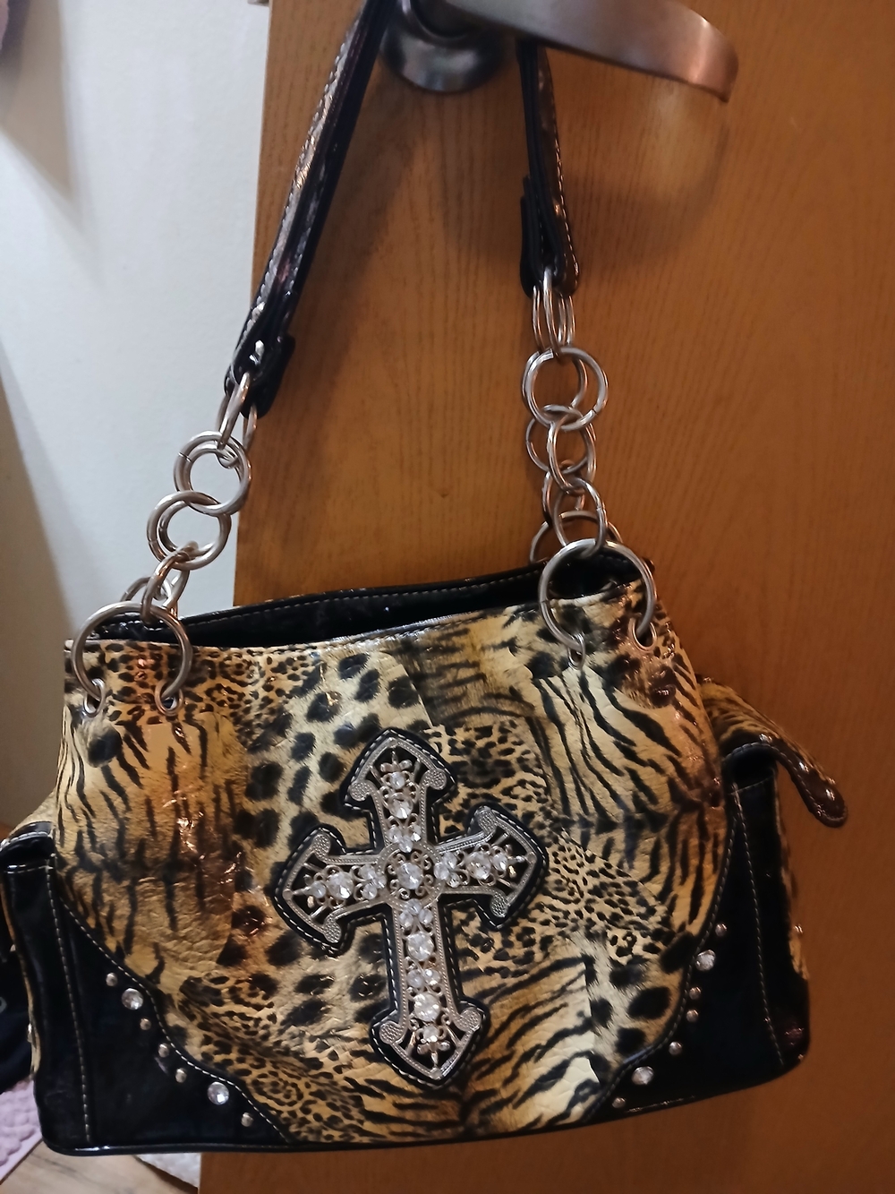 Montana West Leopard Print Shoulder Bag with Rhinestone Cross - Black & Brown.